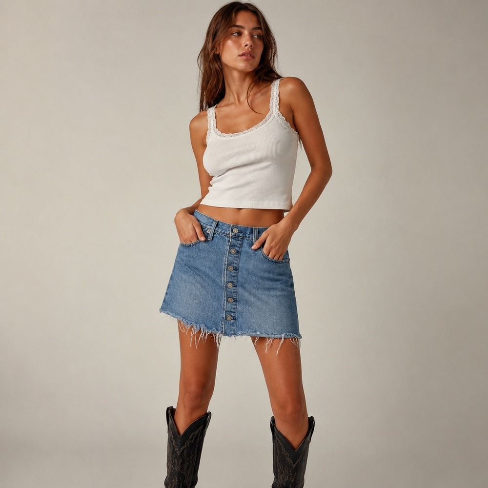 Levis Premium Button Front Denim Mini Skirt Light Wash Raw Hem Blue Size 28